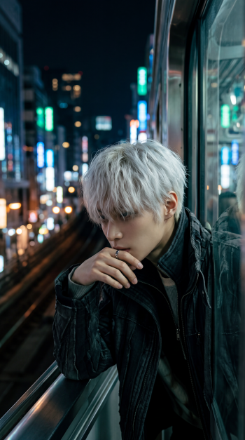 RIIZE Insomnia phone wallpaper featuring a silver-haired man resting by a train window against a neon-lit city at night.