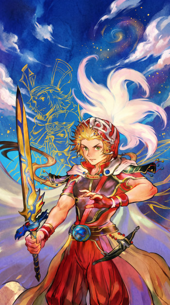 Final Fantasy Resonance anime warrior with a glowing sword beneath a cosmic sky, illustrated as an iPhone wallpaper.