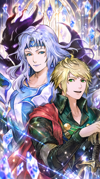 Final Fantasy Resonance anime wallpaper featuring two warriors amid glowing crystals, framed for an iPhone screen.