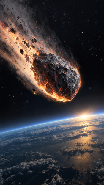 Fiery asteroid meteorite streaking through space above Earth’s glowing horizon, dramatic iPhone wallpaper.