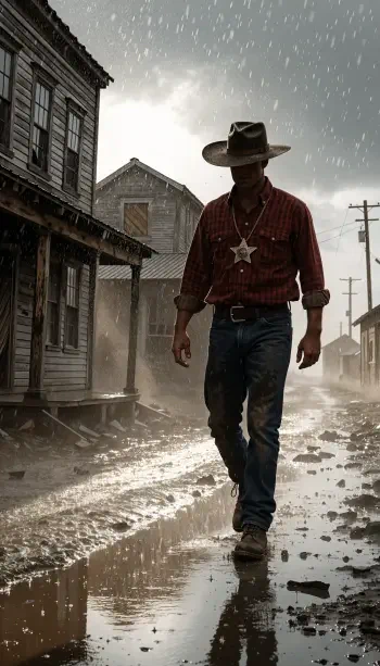 Western sheriff cowboy walking through a rain-soaked Old West town, cinematic iPhone wallpaper