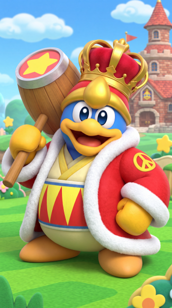 King Dedede from Nintendo holds his star-emblazoned hammer in a colorful iPhone wallpaper.