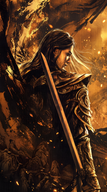 Phantom Blade Zero warrior in ornate armor holding a sword amid fiery golden sparks, dramatic iPhone wallpaper.