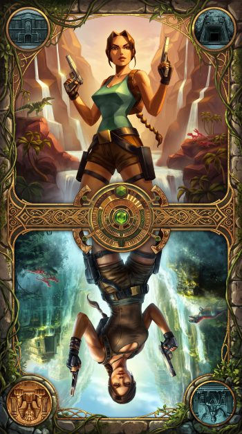 Tomb Raider iPhone wallpaper featuring Lara Croft with dual pistols in an ornate jungle adventure scene.