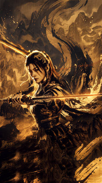 Phantom Blade Zero iPhone wallpaper featuring a fierce woman warrior wielding a glowing sword amid golden, swirling brushstrokes.
