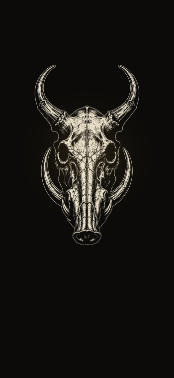 Dark black-and-white ink illustration of a horned boar skull on a black background, designed as an iPhone wallpaper.