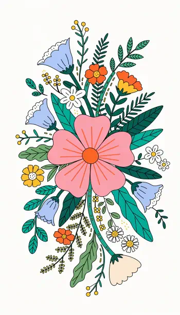 Colorful floral illustration bouquet with pink, blue, and yellow flowers and leafy greenery, phone wallpaper.