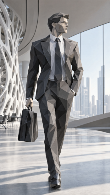 Low-poly businessman in a suit carrying a briefcase through a modern office, vertical iPhone wallpaper.