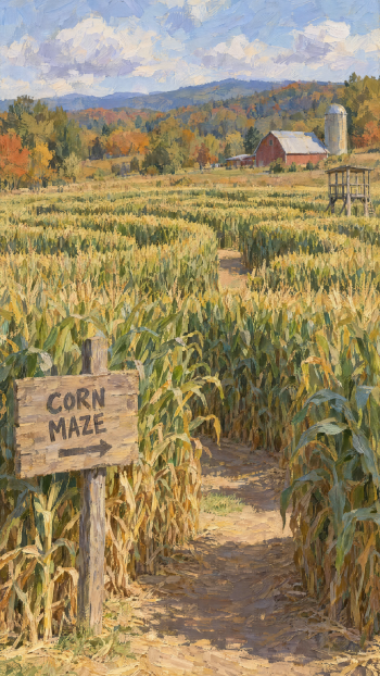 Painted corn maze winding through a farm cornfield, with a barn and autumn hills, as a scenic iPhone wallpaper.