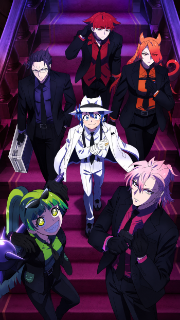Iruma Suzuki and classmates descend purple stairs in a vivid Iruma-kun anime phone wallpaper.