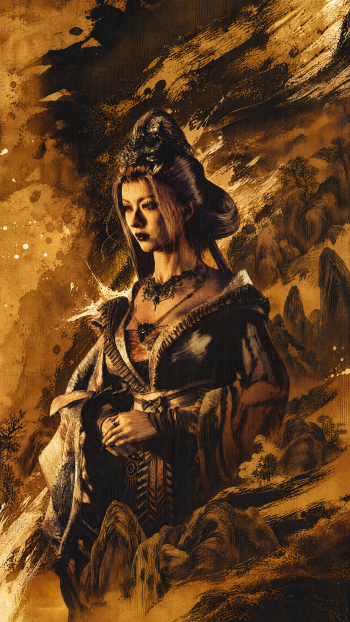 Phantom Blade Zero portrait painting of a woman in ornate dark attire, featured as a dramatic iPhone wallpaper in golden sepia tones.
