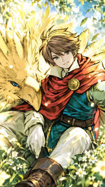 Final Fantasy Resonance anime iPhone wallpaper featuring a young hero beside a golden fox in a sunlit forest.