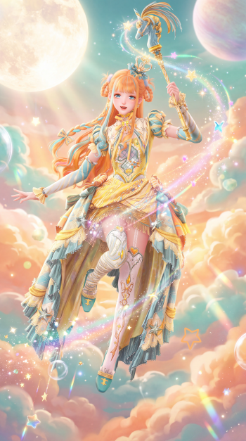 Infinity Nikki: Tales Woven in Time iPhone wallpaper featuring anime girl Nikki floating among pastel clouds and sparkling stars.