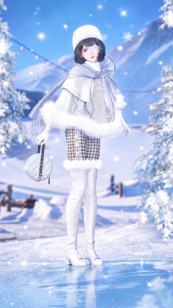 Infinity Nikki iPhone wallpaper featuring Nikki in Snowland Wish winter fashion, standing on an icy path amid snowy trees and falling snow.