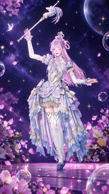 Infinity Nikki iPhone wallpaper featuring Nikki in her dreamy In Childhood Dreams outfit amid a purple starry sky and floating flowers.