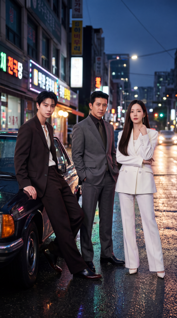 Nine to Six iPhone wallpaper featuring Park Min Young and Yook Sung Jae in stylish suits on a rainy city street.