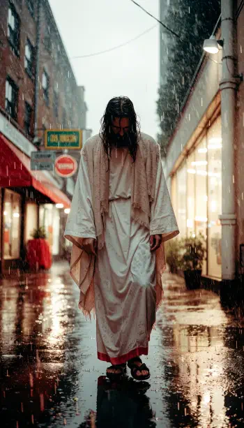 Jesus in a flowing robe walks through a rain-soaked city street, reflected in puddles, in a cinematic iPhone wallpaper.