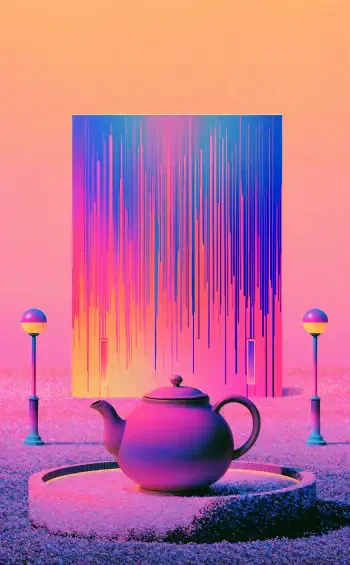 Surreal teapot before a glowing neon portal in a vibrant pink landscape, digital art phone wallpaper.