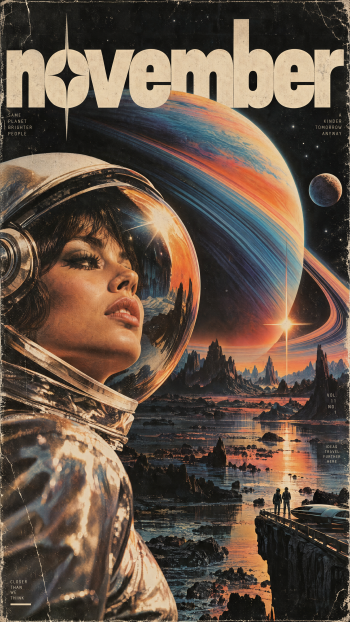 November science fiction iPhone wallpaper featuring an astronaut beneath a colorful ringed planet and sunset-lit alien landscape.