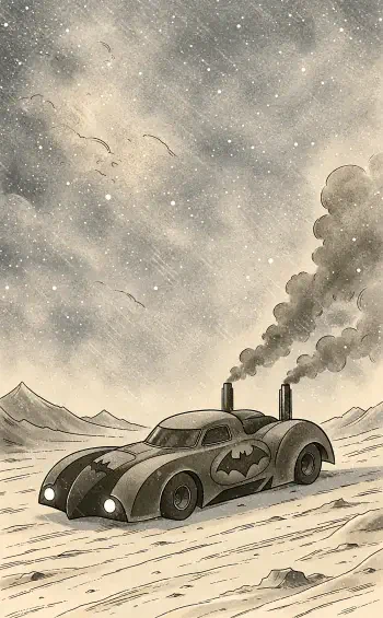 Sepia-toned Batmobile racing across a desert under a starry sky, Batman car illustration for an iPhone wallpaper.
