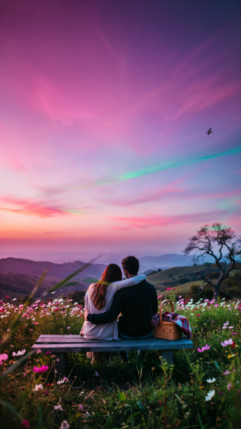 Romantic couple sitting in a flower-filled meadow beneath a vivid pink sunset, scenic iPhone wallpaper.