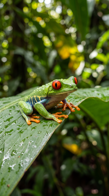 Red-eyed green tree frog perched on a rain-speckled leaf in a lush jungle, vertical iPhone wallpaper.