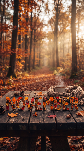 November autumn forest iPhone wallpaper with steaming coffee, a cozy knit scarf, and a wreath of colorful fall leaves.