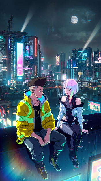 Cyberpunk: Edgerunners anime couple overlooking a neon-lit cityscape at night, vertical iPhone wallpaper