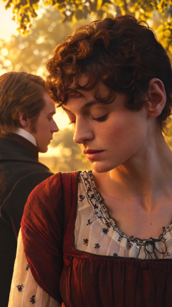 Emma Corrin and Jack Lowden in a golden-hour Pride and Prejudice (2026) portrait, framed as an iPhone wallpaper.