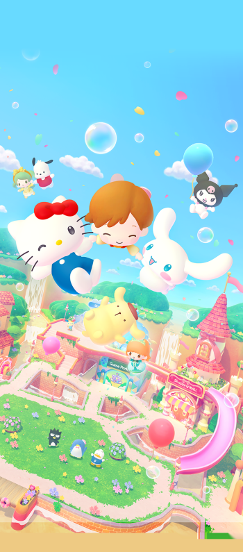Hello Kitty Party Land iPhone wallpaper featuring Hello Kitty, Sanrio friends, colorful bubbles, and a whimsical amusement park.