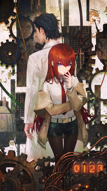 Steins;Gate iPhone wallpaper featuring Kurisu Makise and Rintaro Okabe amid intricate gears and glowing digital clocks