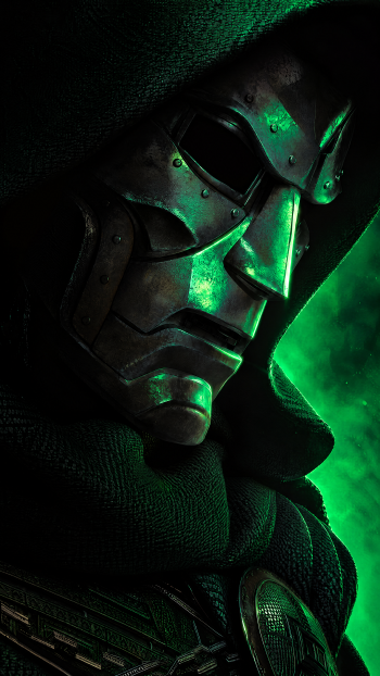 Green-lit Doctor Doom portrait from Avengers: Doomsday, a dramatic Avengers iPhone wallpaper.
