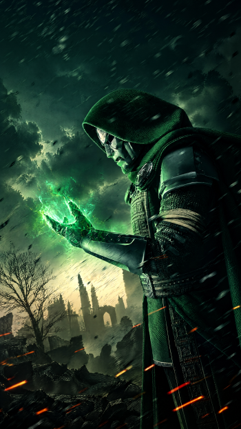 Doctor Doom channels green energy over a ruined city in this dramatic Avengers: Doomsday iPhone wallpaper.
