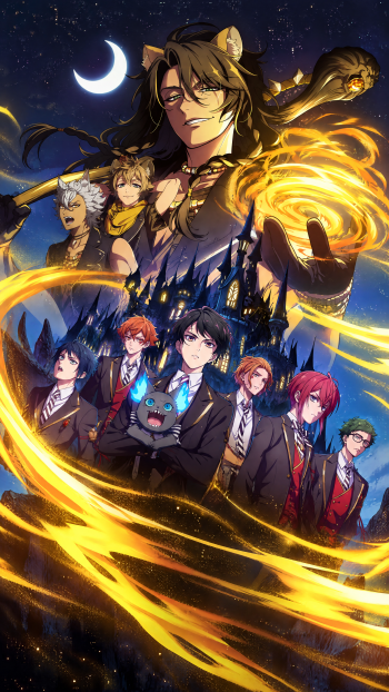 Twisted Wonderland iPhone wallpaper featuring Disney anime boy Leona Kingscholar and fellow characters surrounded by glowing golden magic.