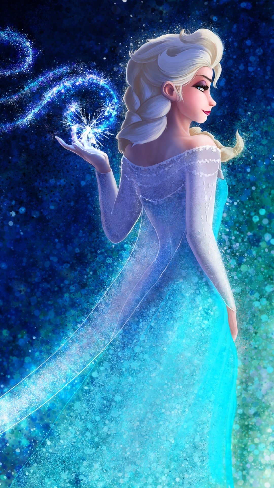 Phone wallpaper of Elsa from Disney's Frozen (movie), shown in profile as she conjures shimmering ice magic against a starry blue-green backdrop.