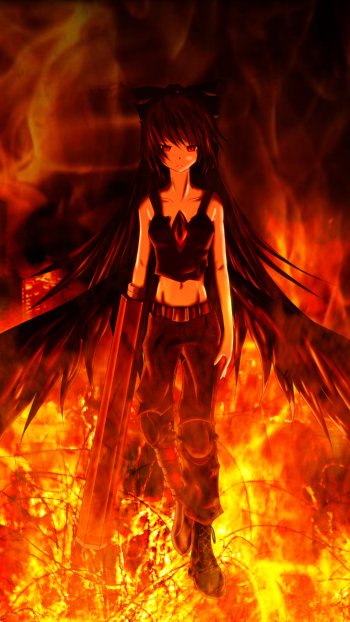 Utsuho Reiuji gothic weapon wings fire flame Anime Touhou Gothic Anime Phone Wallpaper