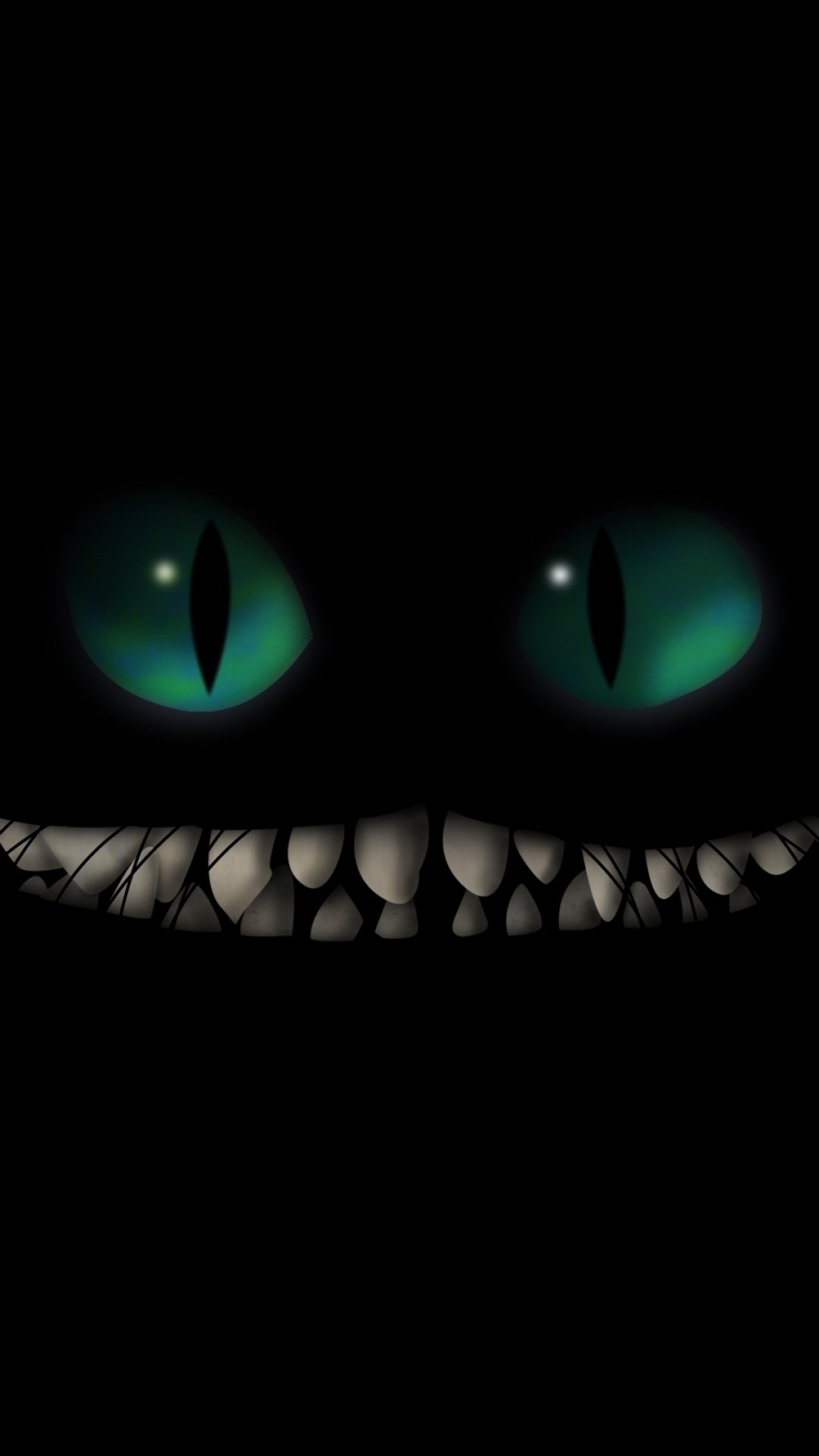 Dark-themed phone wallpaper featuring glowing green eyes and a wide grin from Alice in Wonderland (2010), compatible with iPhones and Android devices.
