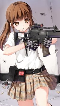 Animated girl holding a rifle as a phone wallpaper, featuring a female character in a school uniform with a tactical firearm, ideal for a themed mobile background.