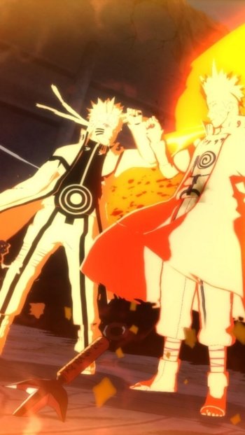 Phone wallpaper showing Minato Namikaze and Naruto in glowing action stances from the video game Naruto Shippuden: Ultimate Ninja Storm Revolution.