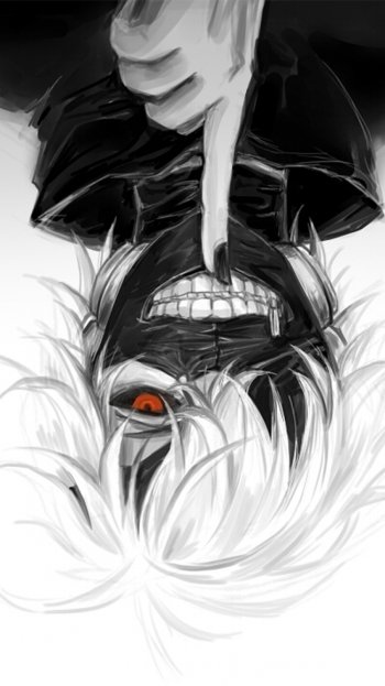 Phone wallpaper of Ken Kaneki (Tokyo Ghoul) upside-down close-up: white hair, black mask revealing teeth and one glowing red eye.