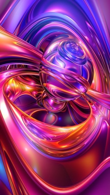 Vibrant 3D CGI phone wallpaper: glossy purple and pink ribbons swirl around a luminous orb, forming a colorful abstract spiral.