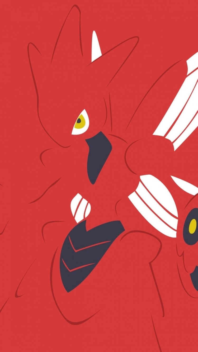 Minimalist red Scizor from Pokémon featured on a vibrant phone wallpaper designed for both iPhone and Android devices.
