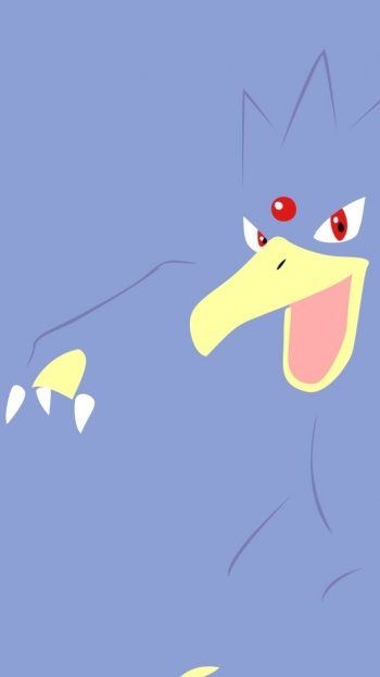 Phone wallpaper featuring a blue, duck-like Pokémon with red eyes and a yellow beak reaching forward on a simple lavender background — video game Pokémon art.