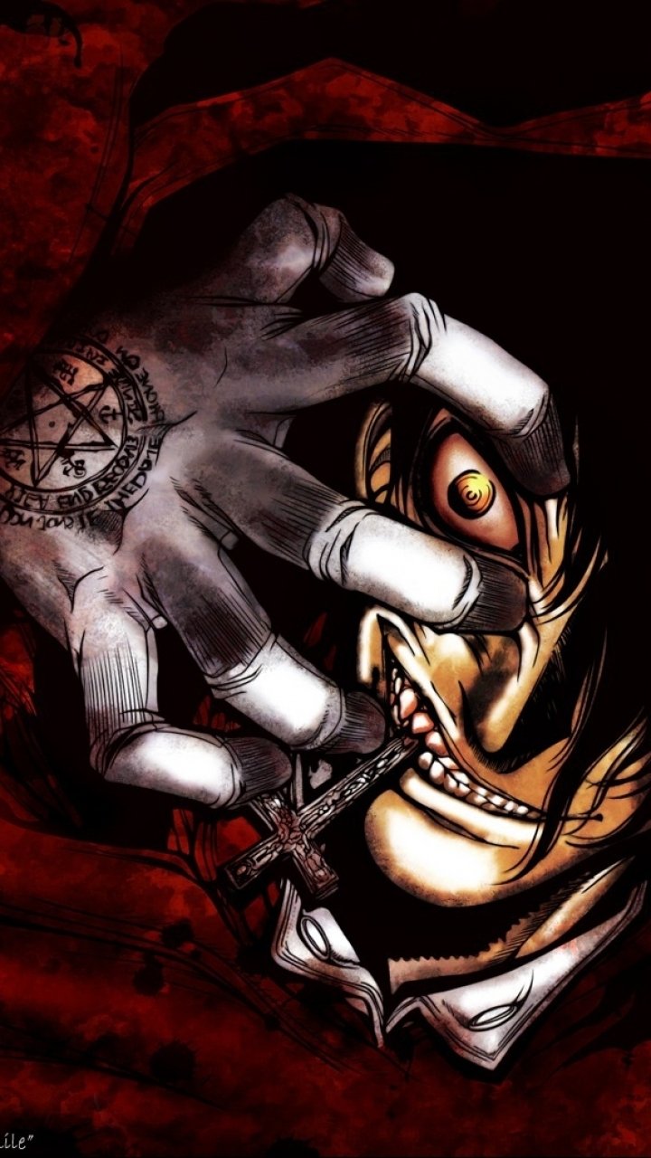 Occult dark anime Hellsing phone wallpaper: a sigil-stamped hand forces open a grinning vampire's face, revealing a crazed yellow eye, fanged mouth and a clenched cross against a blood-red backdrop.