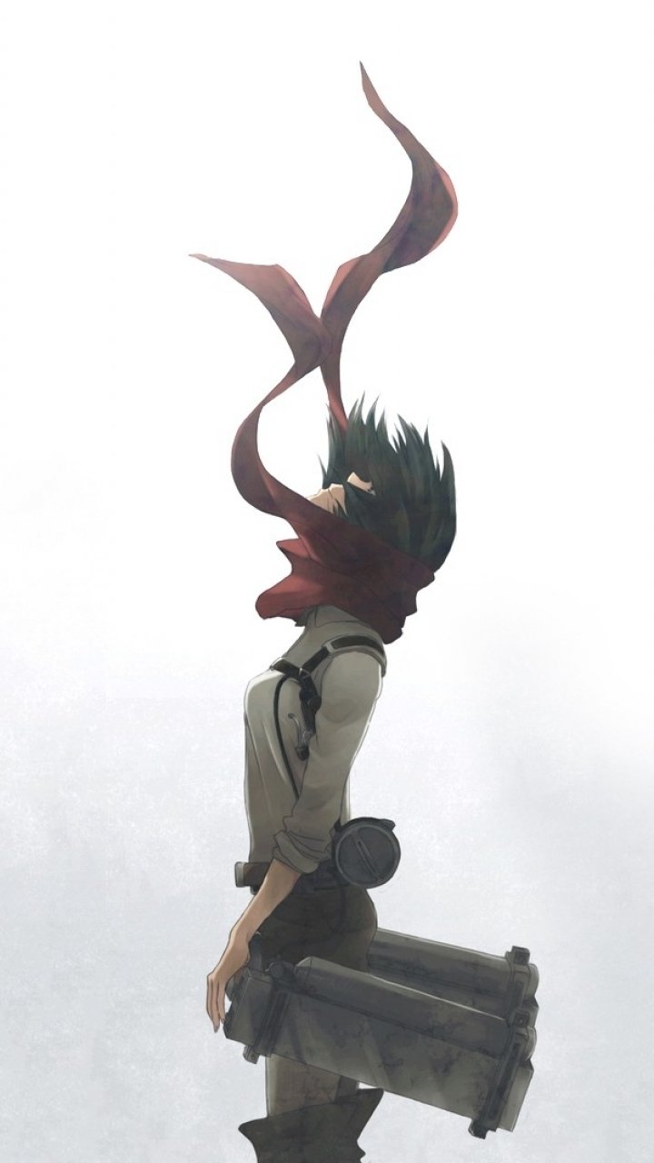 Anime — Attack on Titan phone wallpaper: Scout in maneuver gear, side profile with a flowing scarf against a pale, misty sky.