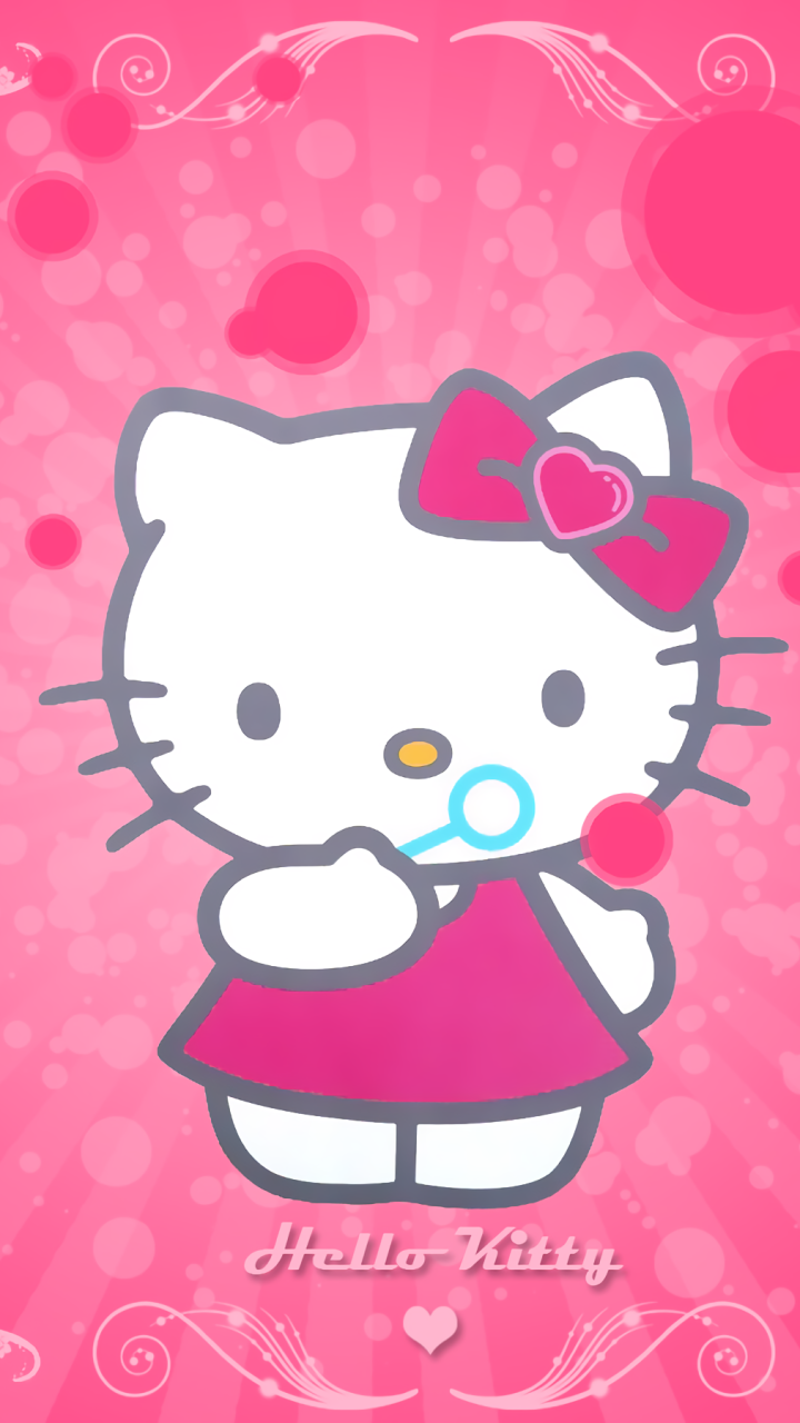 Anime-style Hello Kitty phone wallpaper: Hello Kitty in a pink dress and bow blowing a bubble on a bright pink, bubbly polka-dot background.