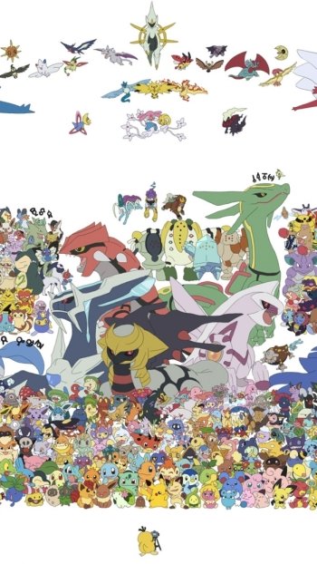 Anime-style Pokémon collage phone wallpaper featuring a vibrant array of characters from various generations, designed to fit iPhone and Android screens.