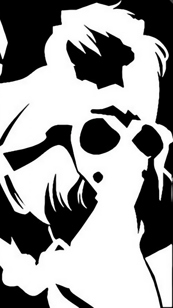 High-contrast black-and-white silhouette of an Evangelion pilot in a plugsuit — anime (Neon Genesis Evangelion) vertical phone wallpaper.