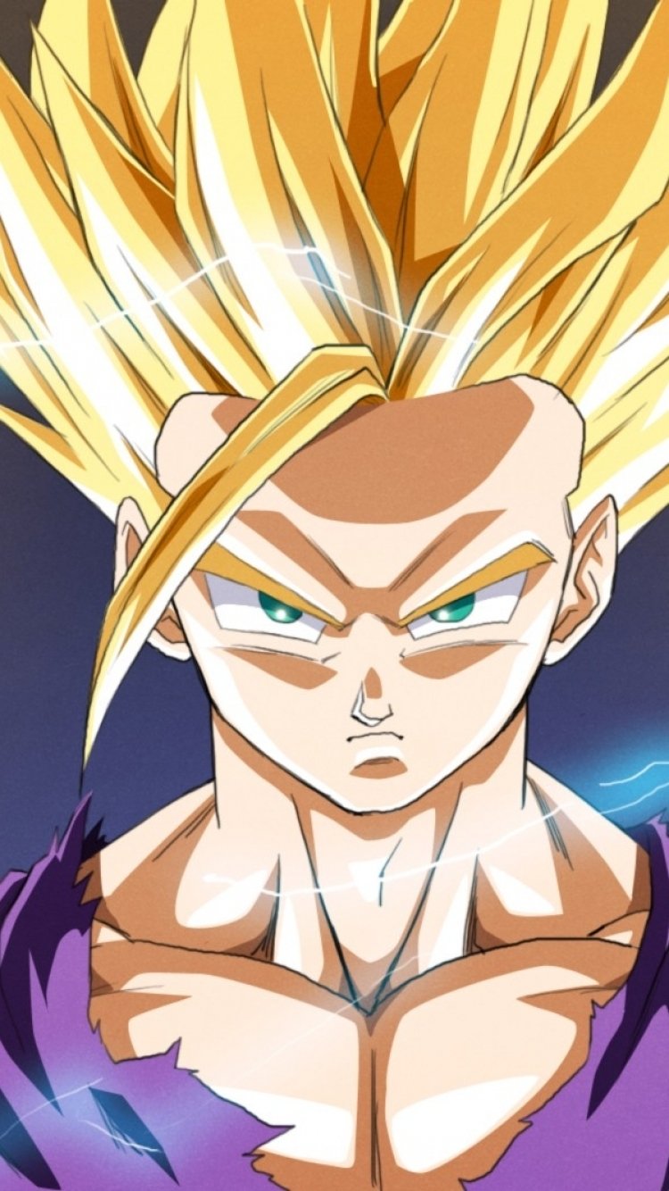 Phone wallpaper of Gohan (Dragon Ball) from Dragon Ball Z in Super Saiyan form, golden hair and teal eyes, intense stare with electric energy lighting the dark background.