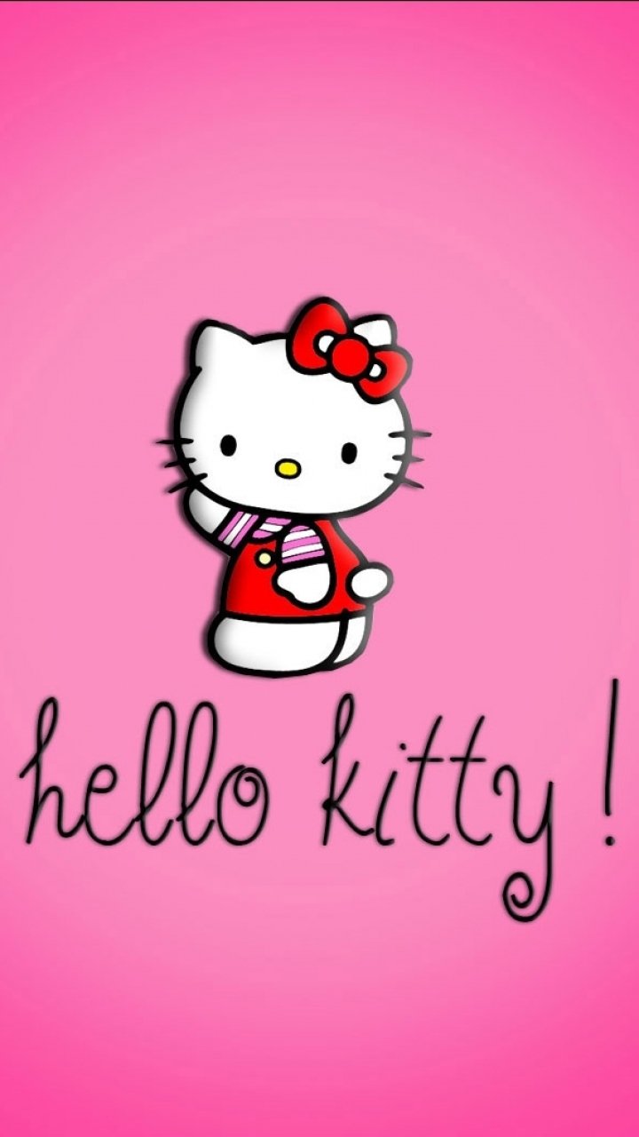 Bright pink phone wallpaper showing anime-style Hello Kitty in a red outfit and bow, with cursive hello kitty! text beneath.